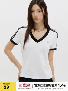 Passway Studio V-Neck Splice Color Bar Short Sleeve T-Shirt Men Women Summer New Casual Slimming Top Polyester Fiber American Casual Style Pure Color