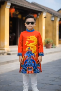 áo dài cách tân bé trai Chất liệu vải gấm.