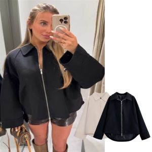 Tidalyf 2025 Women Wool Coat Turn Down Collar Long Sleeve Zipper Front Back Cape Detail Elegant Chic Autumn Winter Outerwear