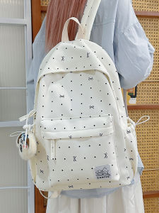 White Polka Dot Butterfly Knot Backpack for Girls School Travel Casual Simple Style Double Shoulder Bag with Rain Cover