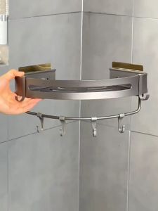 Elegant Matte Black Aluminum Triangle Corner Shelf with Hooks and Adjustable Height Wall-Mounted Bathroom Storage Rack
