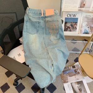 สูง เอว ทรงเอ Midi เดนิม กระโปรง ผู้หญิง ใหม่ พลัสไซส์ Slit ด้านหลัง ดีไซน์ สไตล์เกาหลี งานปัก รายละเอียดพู่ กระโปรง S