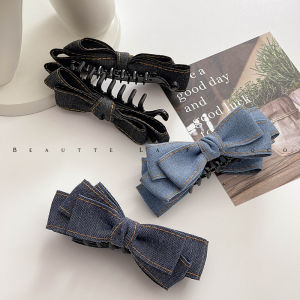 Fashionable Denim Blue Hair Clip Korean Style Casual Butterfly Knot Tail Hair Clip Vertical Banana Clip Hair Card Classy Banana Clamp