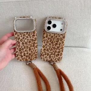 Luxury Leopard Print Fluffy Plush With Wrist Strap Phone Case For iPhone 17 Air 16 15 14 13 Pro Max Shockproof Protective Cover