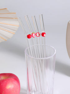 1/4PCS Reusable Glass Straws with Fruit Charms Cute Bending Design Clear Drinking Straw for Cold Drinks Milk Tea Coffee