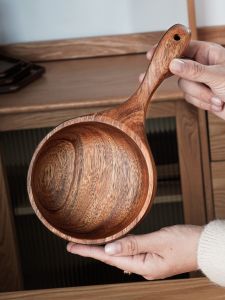 Large Size Korean Style Whole Wood Handle Water Scoop Real Elm Wood Snack Broadcast Sauna Kitchen Utensils Wood Bucket
