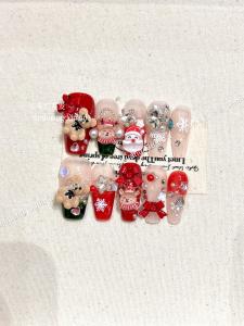 Handmade Christmas Red Nail Tips Sparkling Diamond Autumn Winter White Enhancing Nail Art Wearable False Nails Bright Color Series