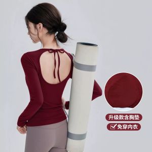 Womens Fitness Yoga Sportswear Backless Long Sleeve Quick Dry Breathable Nylon Pilates Gymnastics Top with Chest Pad