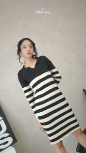Clouwny Sera Stripes Knit Dress Casual Stripes Wanita Premium Knit Korean Look