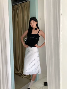 Womens A-line High Waist Korean Silm Polka Dot Bow Short Skirt