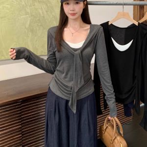 Áo Thun Dài Tay Phong Cách Hàn Quốc Dành Cho Nữ Đầu Thu Áo Khoác Ngoài Áo Lót Bó Sát Áo Thun Cổ Tròn Màu Trơn Mặc Thường Ngày