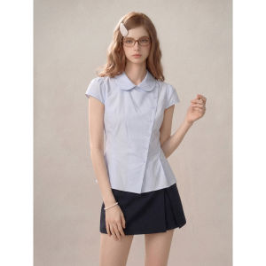 KBVVR | Blue Peter Pan Collar Short Sleeve Summer Preppy Style Waist Cinching Blouse