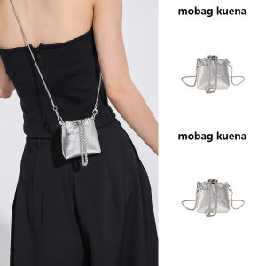 Mini Bucket Bag Silver Chain Crossbody Bag for Girls Spring Summer Fashion Trend Soft Handle PU Leather Geometric Pattern
