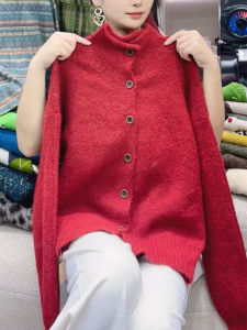 QINGNAER | Sleek Fashionable Loose Red Half-high Collar Placket Long Sleeve Knit Cardigan
