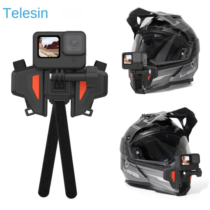 TELESIN Motorcycle Helmet Mount Strap Flodable Front Chin Mount for GoPro 12 Hero 11 10 9 DJI Osmo Action3 Insta360 Accessories