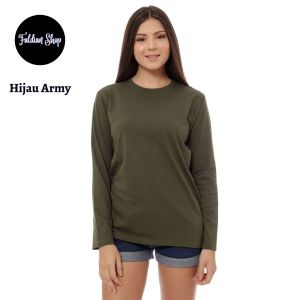 Kaos Polos Wanita Oneck Lengan Panjang Bahan Katun Combed 30s Warna Hijau Army