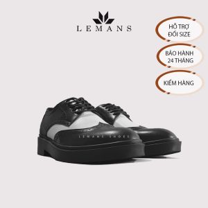 Giày da bò Derby Wingtip LEMANS Black White Da bò nguyên tấm Đế tăng cao 4cm khuôn đúc độc quyền Bảo Hành 24 Tháng