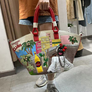 Letife Original Large Capacity Shoulder Tote Bag Embroidered Travel Vacation Womens Bag British Style Casual Bucket Shape