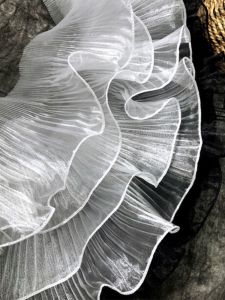 Color Gradient Lace Fabric with Pleats Performance Costume Material Ogeen Gauze Seven Color Laser Sheer Lotus Leaf Edge