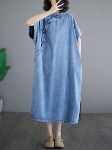 New Summer plus Size Womens Dress Retro Buttoned Denim Ethnic Style Midi Qipao Skirt A-Line Short Sleeve Solid Color Commute