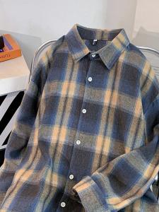 Retro American Plaid Shirt Mens Long Sleeve Casual Thin Outerwear Loose Trendy Brand Spring Autumn Seasonal Classic Style