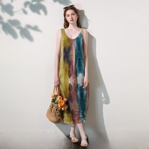 Miccbeirn | Pure Linen Gradient Art Print Sleeveless Dress Vest Unique Design Holiday Style Beach Skirt Women Long Skirt Summer Season
