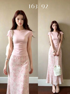 ZUKUN | Floral Pink Summer Two Piece Set Long Skirt and Short Sleeve Top