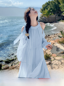 Beach Vacation Dress Womens Summer 2024 New Sweet Gentle French Style Beautiful Shoulder Bared Beach Skirt A-Line Midi Dress