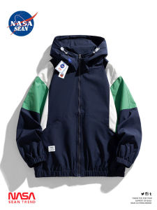 NASA SEAN Mens Loose Fit Color Block Hoodie Jacket Spring Autumn Trendy Brand Workwear Windbreaker Outerwear Polyester Fiber