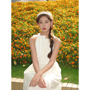 Elegant French Style Long Dress with Bow Knot Neckline for Women Summer Season A-Line Silhouette Casual Commute Fashion