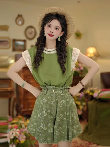 Shalldoer | Bộ đồ hai mảnh mùa hè cổ tròn không tay váy chữ A ren cổ điển cho nữ quần áo công sở ngắn mùa hè 2025