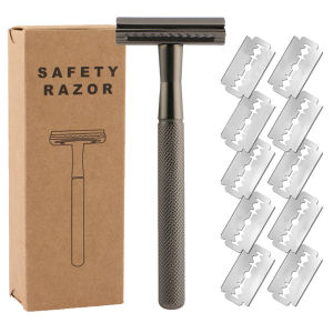 Mens Safety Razor with Stainless Steel Weighted Handle Includes 10 Double Edge Safety Blade Refills Single Blade Shaving Tool