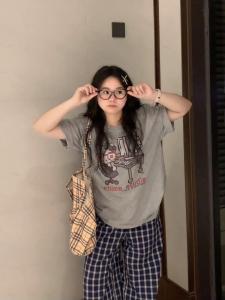 100% Pure Cotton Kitty School Style Short Sleeve T-Shirt Womens Loose American Design Gray Top Moisture Wicking Summer Fashion