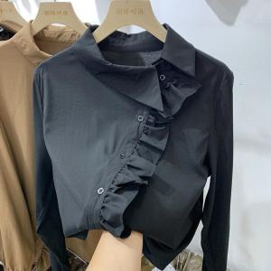 Fashionable Asymmetrical Hem Chiffon Shirt Womens Spring Autumn New Korean Style Button Side Lace Trim Top Long Sleeve Polo Collar
