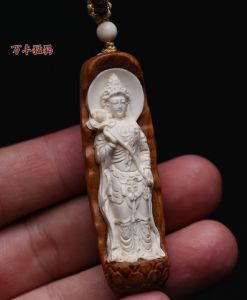 Mammoth Ivory Lapis Lazuli Inlay Carved Pendant Necklace Mens Style Buddhist Deity Amulet Ice Material Handcrafted Jewelry