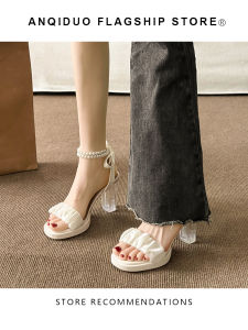 Angel Doll Crystal Pearl High Heels Womens Summer New Fine Mesh Fashion Roman Sandals mid Heel round Toe Rubber Outsole