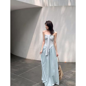 Blue Beach Vacation Strapless Dress Womens Summer 2025 New Cold Tone Unique Elegance Long Dress Korean Style High Waist A-Line Skirt