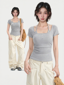 KBVVR | Two-piece Illusion Halter Padded T-Shirt Waist-cinching Fit Crop Top