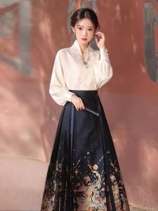 New Chinese Style National Trend Improved Hanfu Dark Blue Horse Tail Skirt Set Large Size Daily Commuting Womens Hanfu Skirt