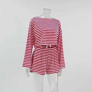 Bộ Đồ Ngủ Nữ Mùa Xuân 2 Món Kẻ Sọc Áo Dài Tay Cổ Tròn Và Quần Đùi Chất Liệu Polyester Mềm Mại Đồ Ngủ Mặc Nhà Đồ Ngủ Thường Ngày