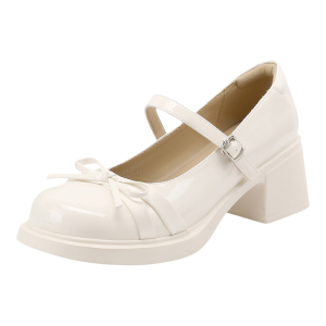 Josiny | New 2026 Versatile Thick Heel High Ballet Leather Shoe With Bow Design