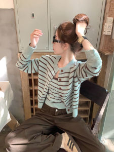 Korean Style Green Striped Short Knitted Cardigan Set
