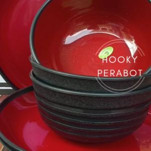 murah piring ramen merah tebal ulir isi paket 6 pcs 3 piring 3 mangkuk ramen ulir
