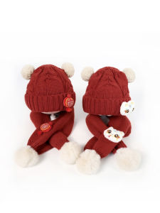 Thickened Red Woolen Hat Scarf Set for Babies Cute Childrens Winter Warm Hats Festive New Year Celebration Outfits