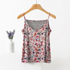 Summer New Floral Print Halter Vest Womens Sleeveless Base Shirt Inner Wear Slim Fit Breathable V-neck Outwear Casual Top