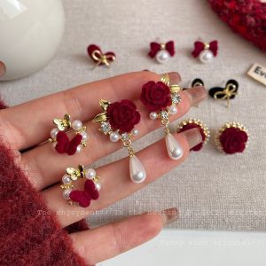 Ready Stock Flowers Red Brides Earrings Plush New Year Red Earrings Fashionable Earrings Womens Earrings