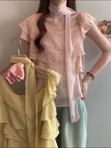 AIYITI | Yellow Polka Dot Ruffle Trimmed Chiffon Blouse