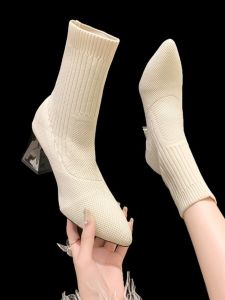 Elastic Knitted Mid-Calf Boots Womens High Heel Pointed Toe Booties Spring Autumn Winter Fashion Thin Boot Soft Texture Fabric