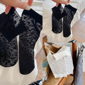Spring Summer Thin Leopard Print Socks Womens Mid-Calf Thin Style Home Comfortable Breathable Fashionable with Small Leather Shoes