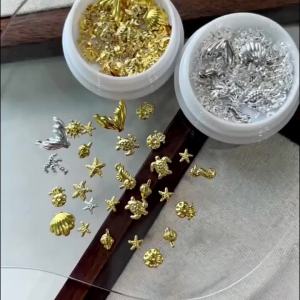 1Box Gold Silver 3D Alloy Ocean Nail Charms Mermaid Tail Seahorse Turtle Starfish Shell Metal Studs Summer Beach Manicure Decor